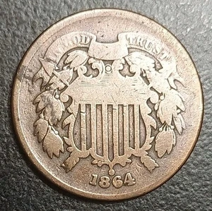 1864 US Two Cent 2c Piece Old Historical Cleaned Coin Civil War Era Coinage - Picture 1 of 2