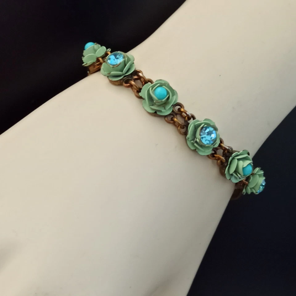Michal Negrin Bracelet Pastel Turquoise Roses Shabby Enamel Crystals Victorian - Image 1 of 4