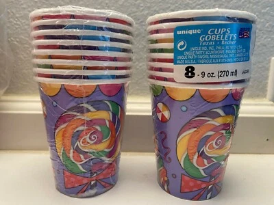 Lote de 2 tazas de papel "CANDY PARTY" 9 oz piruleta fiesta de cumpleaños 16 unidades Foto 1 de 2