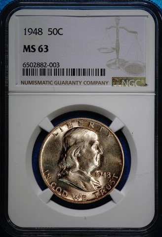1948 Franklin Half Dollar Silver Uncirculated NGC MS63, Nice Bell Lines 003 Cover