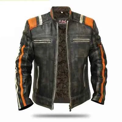 Men's Retro 3 Cafe Racer Biker Vintage Motorcycle Distressed Real Leather Jacket - Image 1 of 4