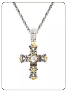 CZ Cable cross Pendant w chain Silver 18kt yellow gold white fine quality New - Picture 1 of 3