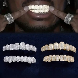 White Gold Plated Ten Teeth Set Hip Hop Grills Top Bottom Set Iced CZ Out Grillz - Picture 1 of 12