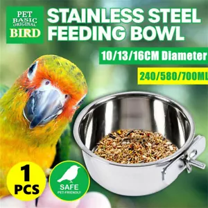 3 Sizes Hang-on Parrot Stainless Steel Food Water Bowl Bird Feeder Crates Cages - Picture 1 of 14