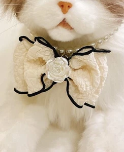 Cute Pet Dog Cat Pearl Collar Ivory Bow Camellia Jewellery Dogs Necklace Size L - Picture 1 of 2