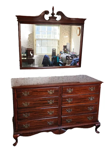 Antique 1930s Mahogany Table Rock Furniture Queen Anne Bedroom Dresser w/ Mirror Cover