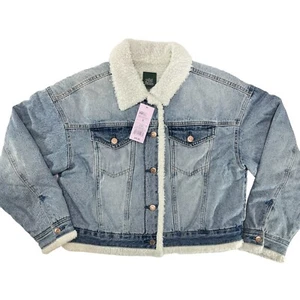 NWT Wild Fable Women’s SM Crop Blue Denim Button Up Jean Jacket w/ Sherpa Lining - Picture 1 of 11