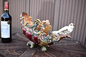 Antique Barbotine majolica art nouveau marked planter vase with bird - Picture 1 of 12