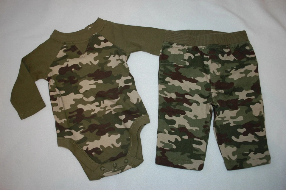 Baby Boys Outfit CAMOUFLAGE L/S BODYSUIT SHIRT & WOVEN PANTS Brown Green 0-3 MO - Image 1 of 1