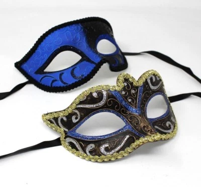 HIS N HERS PAIR COUPLES BLUE AND BLACK  VENETIAN MASQUERADE PARTY PROM EYE MASKS - Image 1 of 4