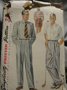 Late 40s/Early 50s Simplicity 3720 Men's Pleated Shorts and Pants Sewing Pattern