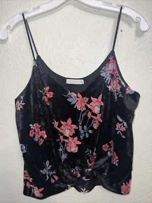 LUSH Tank Top  Velvet Boho Floral Black Peach Size S Tied Up Front - Image 1 of 4