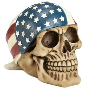 Human Head Skeleton Death Skull Statue Biker American Flag Bandana Headwrap Prop - Picture 1 of 2