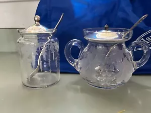 Hawkes Etched Glass Sterling Silver Lidded jam marmalade jars & spoons grapes - Picture 1 of 4