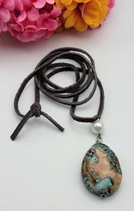 Ocean Jasper Pendant Leather Cord Necklace 31 Inch Tie Boho - Picture 1 of 7
