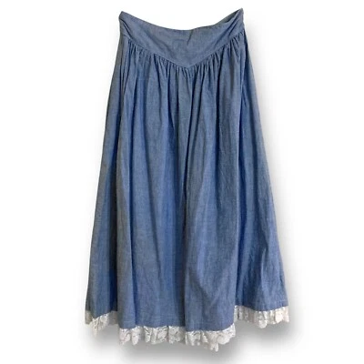 Maxi Falda De Colección Gunne Sax Talla 9 Azul Cambray Denim Encaje Súper Rara Pradera Modesta Foto 1 de 4
