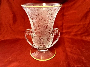McKee Etched Brocade 2 Handled 7 1/4 Inch Bulbous Vase Poinsettia Design Etch - Picture 1 of 5