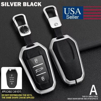 Silver-Black Leather Key Fob Cover Case Shell For Peugeot 2008 3008 4008 5008 US Foto 1 de 4