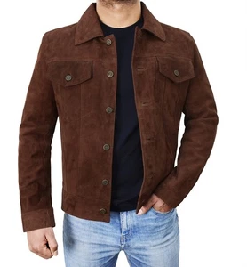 Men's Washed Suede Leather Safari Jacket Brown Cargo Trucker Coat With Pockets - Picture 1 of 9