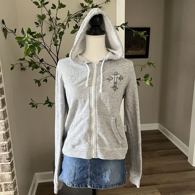 Miss Me Rhinestone Cross Hoodie Gray Zip Up Sweatshirt Women’s Medium USA - Image 1 of 4