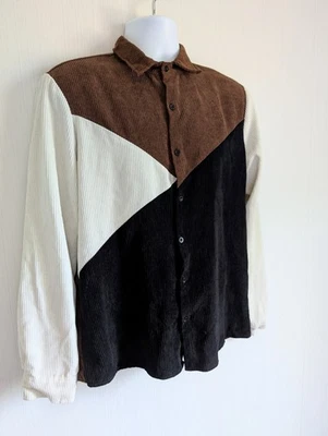 Men's Corduroy Shirt Button Front Color Block Black Brown Cream M Brand Unknown - Image 1 of 4