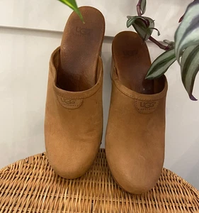 UGG Women's Abbie Mule  Wood Heel Clog Shearling Sherpa Shoe Brown Suede Size 7 - Picture 1 of 4