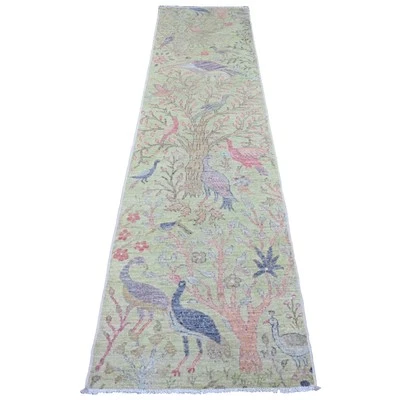 2'5"x9'9" Green Afghan Peshawar Birds Design Hand Knotted Wool Runner Rug G20856 - Image 1 of 4