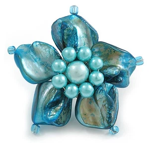 Light Blue Shell Flower Rings (Silver Tone) - Picture 1 of 4
