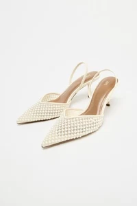 Tacones Zara Slingback blanco perla boda talla 8,5 malla tacón de aguja - Imagen 1 de 4