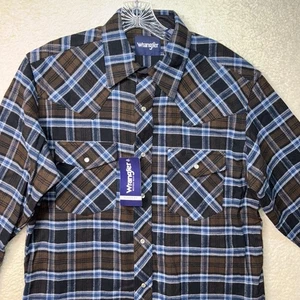 Wrangler Camicia Pearl Snap Uomo Blu Medio Nero Marrone Plaid Flanella Nuova - Foto 1 di 9