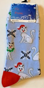 Women's NEW Blue Christmas Socks w/White Cats In Santa Hats - 9-11 Shoe Size 5-9 - Picture 1 of 3