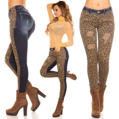 Sexy Damen Hüft Hose Jeans Röhre Leopard Stern Nieten Gold 32 34 36 38 40 - Bild 1 von 4