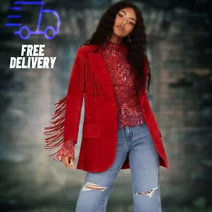 Boho Western Cowgirl Style Women's Red 100% Suede Leather Fringe Blazer Jacket - Picture 1 of 4