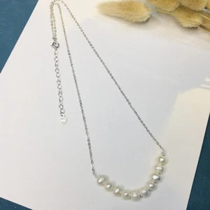 Collar gargantilla genuina de perlas de agua dulce y plata de ley 925 maciza. 2.4g-17.5" - Imagen 1 de 3