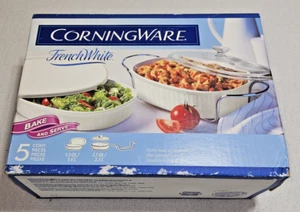 Vintage CorningWare French White 5 Pc Casserole Set 2.5/1.5 qt Cover Lid Cradle - Picture 1 of 4