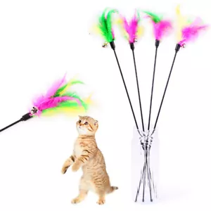 Playing Interactive Cat Toys Soft Colorful Feather Teaser Bell Wand Kitten 5 Pcs - Picture 1 of 12