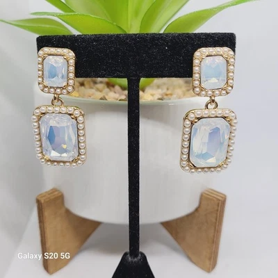 Unknown Brand Statement Dangle Earrings Opal Stone Pearl Beaded Gold Tone NWOT - Image 1 of 4