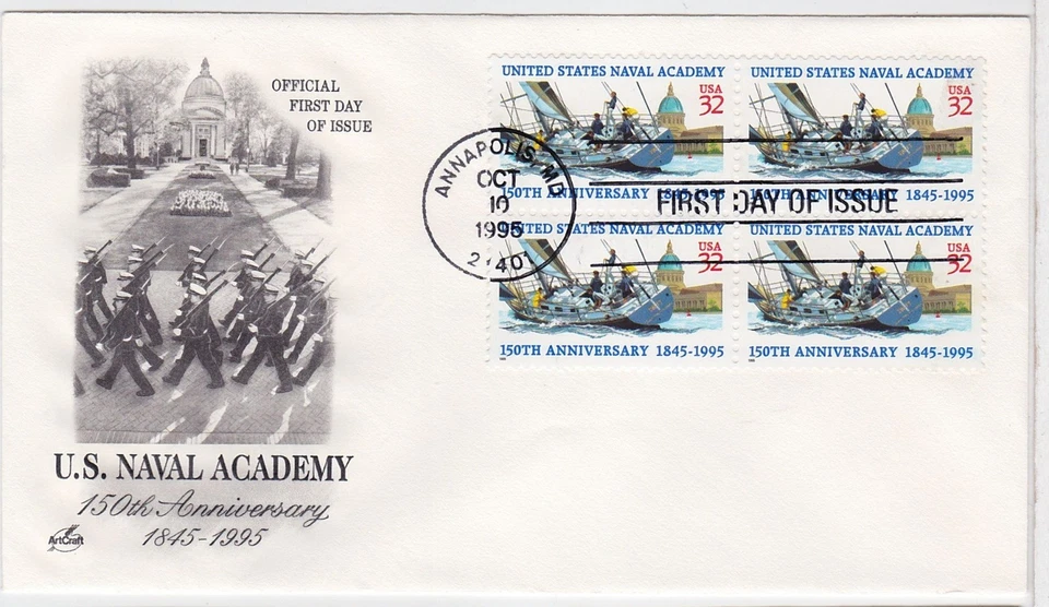 TurtlesTradingPost- US Naval Academy 150th- 1995 #3001 FDC- Artcraft Block of 4 - Image 1 of 1