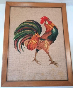 Vintage Framed Needlepoint Rooster Folk art - Foto 1 di 6
