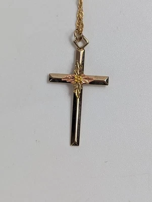 Vintage 1/20 14KT GF TK Two Tone Floral Cross  Necklace 18" Chain - Image 1 of 4