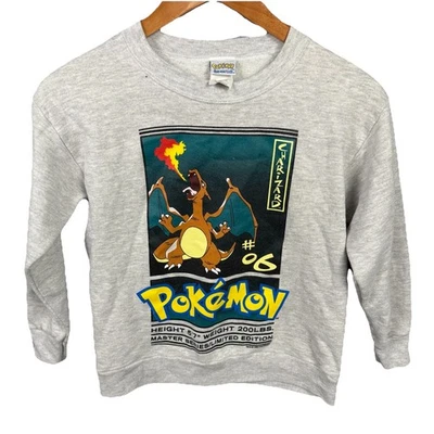 Sudadera De Colección Años 90 1999 Pokémon Charizard Fuego Cuello Redondo Para Hombre Pequeña Gris Foto 1 de 4