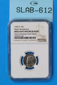 1996 10C ROOSEVELT DIME NGC MAJOR BROADSTUCK ERROR BU UNC HOARD SLAB-612 - Picture 1 of 2