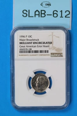 1996 10C ROOSEVELT DIME NGC MAJOR BROADSTUCK ERROR BU UNC HOARD SLAB-612 - Image 1 of 2