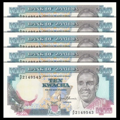 Lot 5 PCS, Zambia 10 Kwacha, 1989-1991, P-31, UNC - Image 1 of 2