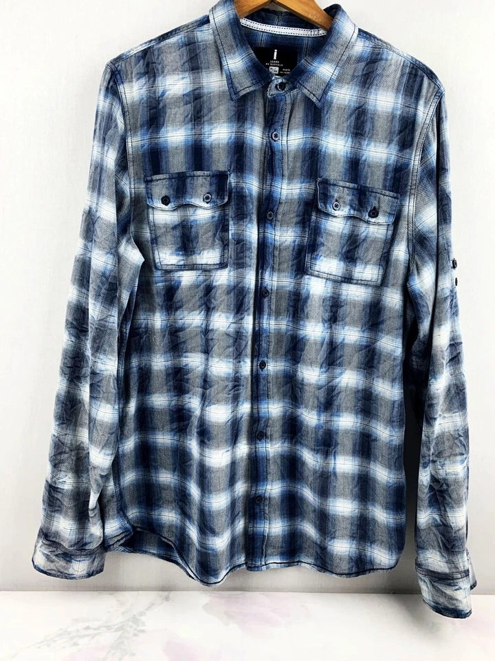 JEANS BUFFALO ( XL ) Men's Collar Shirt  Plaid Tie Dye Wrinkle Blue  button Down - Image 1 of 4