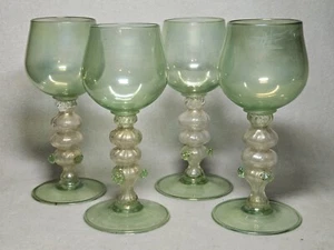 Set Of 4 Antique Venetian Art Glass Goblets With Gold Flake & Iridescence 7" - Picture 1 of 16