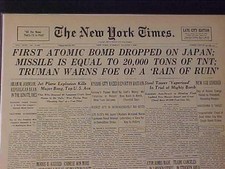 VINTAGE NEWSPAPER HEADLINE NY~WORLD WAR 2 ATOMIC BOMB DROPPED ON JAPAN WWII 1945