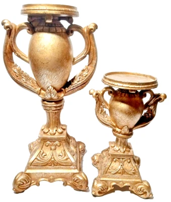 Lot of 2 Antique Victorian Decorative Golden Resin Pillar Candle Holders - Image 1 of 4