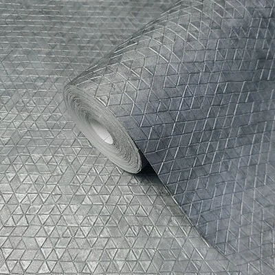 Dark gray gunmetal silver metallic square triangle tiles line textured Wallpaper - Image 1 of 4