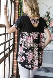 NWT Heimish Women’s Size S Floral Black Criss Cross Casual Stretchy summer Top - Picture 1 of 9